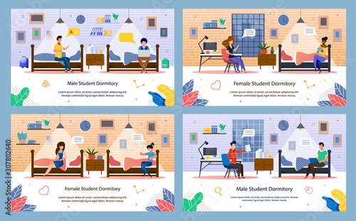 Modern Student Dormitory Life Trendy Flat Vector Banners, Posters Templates Set with Male, Female Students Characters Resting, Learning, Talking with Roommate Friends in Dormitory Room Illustration