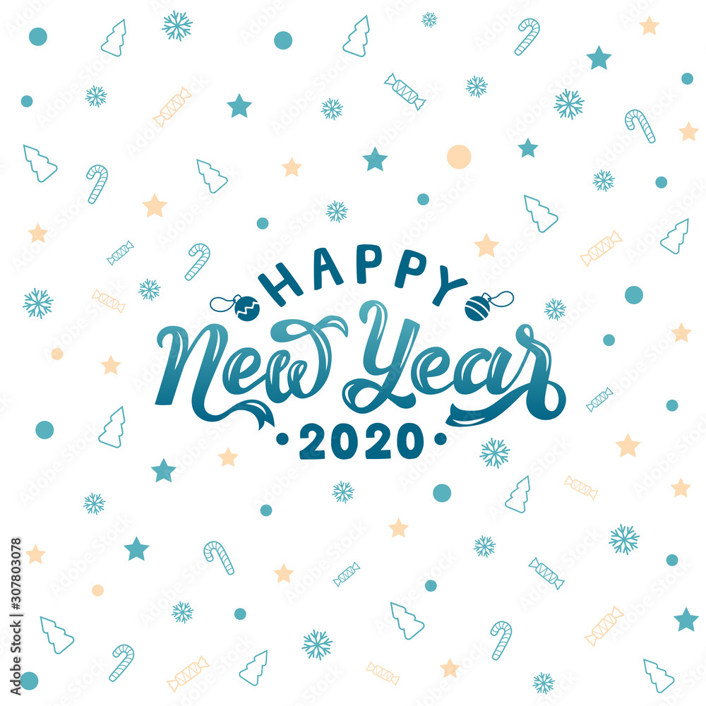 Fototapeta premium Happy 2020 New Year. Holiday vector illustration with lettering composition. Lettering typography poster. EPS 10