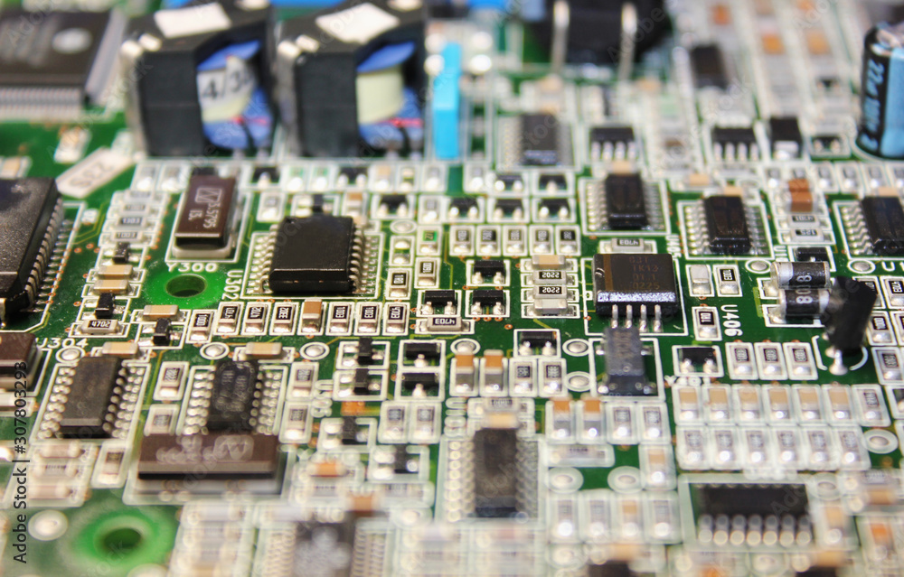 Closeup of electronic circuit board or PCB printed circuit board