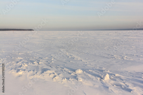 Snow on the frozen river in the winter  Ob reservoir  Novosibirsk  Russia