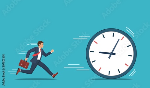 Businessman running chase a rolling time. Business concept. Vector illustration in flat style. photo