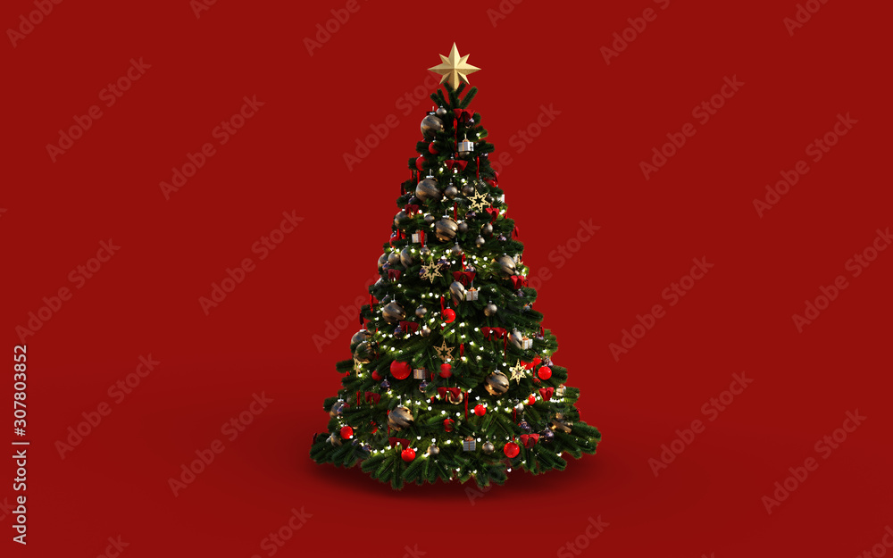 Decorated Green Christmas Tree with Red Patchwork Ornament Artificial Star Hearts Presents for New Year Isolated on Red Background, 3d Illustration 
