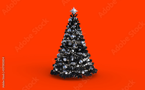 Decorated Dark Green Christmas Tree with Silver Patchwork Ornament Artificial Star Hearts Presents for New Year Isolated on Orange Background, 3d Illustration 