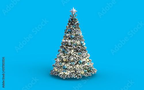 Decorated Green Christmas Tree with Blue Patchwork Ornament Artificial Star Hearts Presents for New Year Isolated on Blue Background, 3d Illustration 
