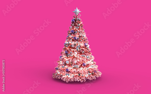 Decorated Pink Christmas Tree with Pink Patchwork Ornament Artificial Star Hearts Presents for New Year Isolated on Pink Background, 3d Illustration 