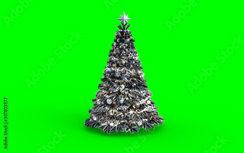 Decorated Green Christmas Tree with Silver Patchwork Ornament Artificial Star Hearts Presents for New Year Isolated on Green Background, 3d Illustration 