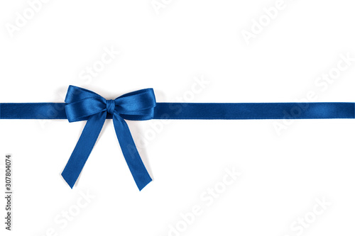 Shiny blue silk ribbon isolated on white background. Festive concept. Flat lay.