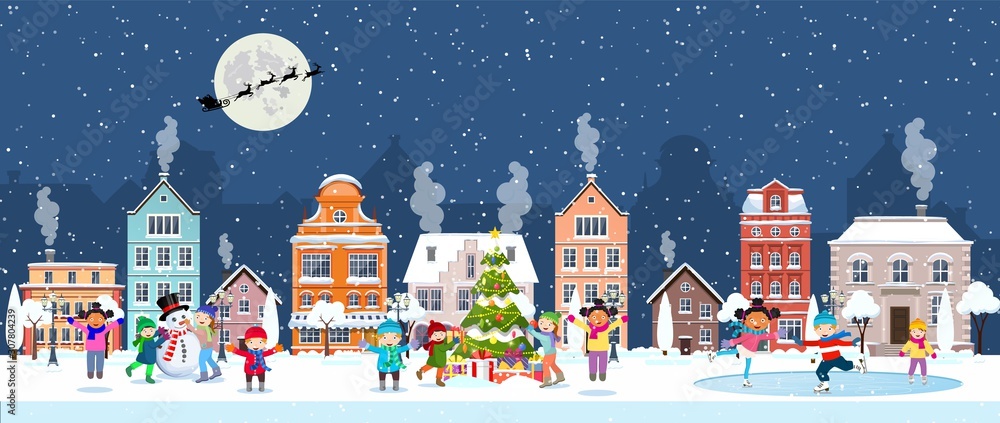 Fototapeta happy new year and merry Christmas winter old town street. christmas town city panorama. Santa Claus with deers in sky above the city. Vector illustration in flat style