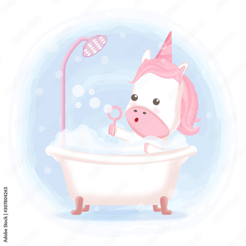 Obraz Cute unicorn taking a bath in bathtub hand drawn cartoon illustration