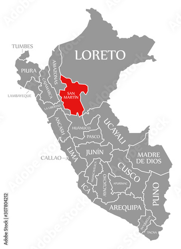 San Martin red highlighted in map of Peru photo