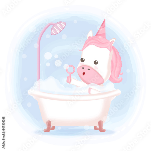 Cute unicorn taking a bath in bathtub hand drawn cartoon illustration