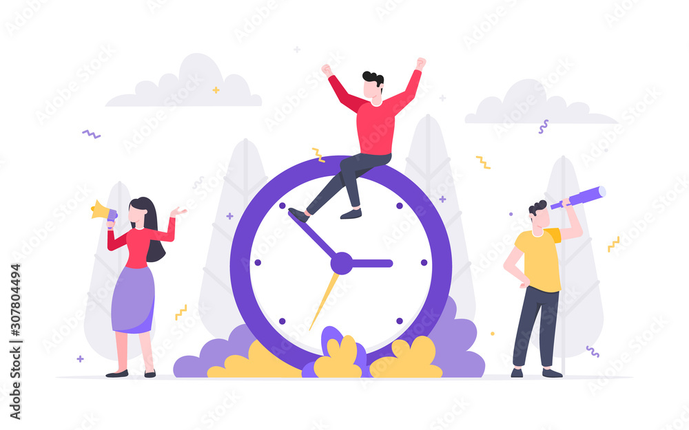 Tiny people characters working together teamwork and time management concept flat style design vector illustration isolated white background. Tiny people characters working together teamwork and time management concept flat style design vector illustration isolated white background.