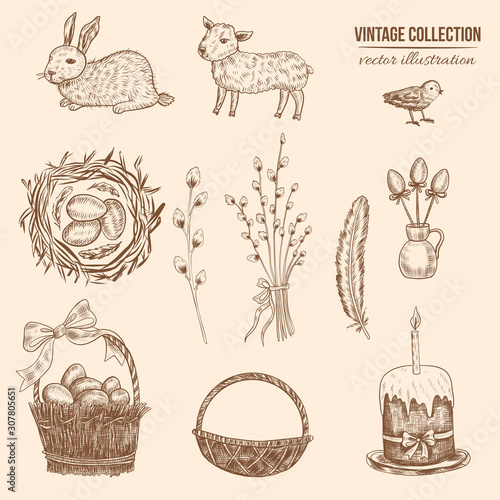 Hand drawn vintage symbols set of Happy Easter, vector ink sketch illustration isolated on brown, rabbit, lamb, festive eggs in the basket, cake with candle, willow branch, chicken nest line art sign