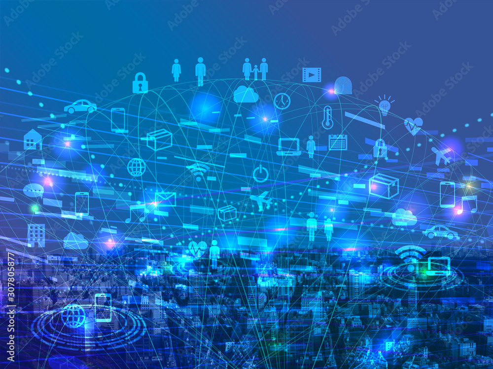 デジタルネットワーク網-青のサイバー空間アイコンイメージ