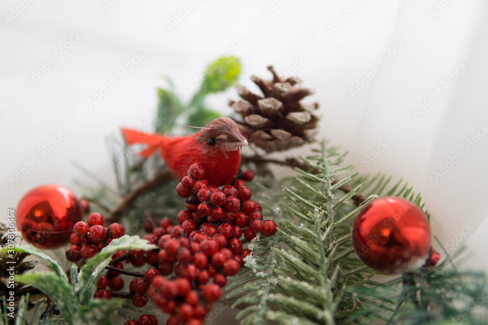 Obraz premium Christmas card red birds on the xmas wreath 