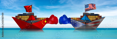 USA and China trade war concept. Two cargo container ships with boxing gloves and the Chinese and United states of America flag. In a turquoise sea with sky and clouds