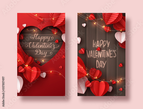 Happy Valentines day holiday banners. Decorative paper cut hearts, gift box, garland with handwritten lettering text on brown wooden background. Vector illustration.