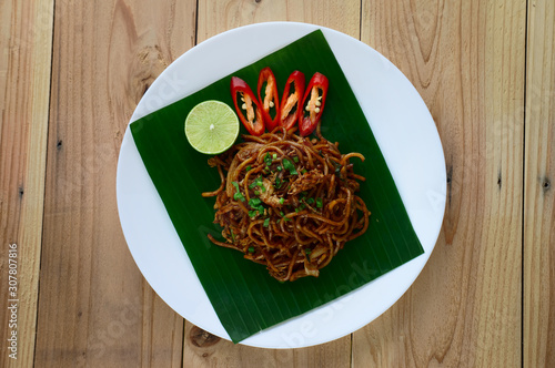 Top view of Fried noodles, mi goreng or mee goreng mamak