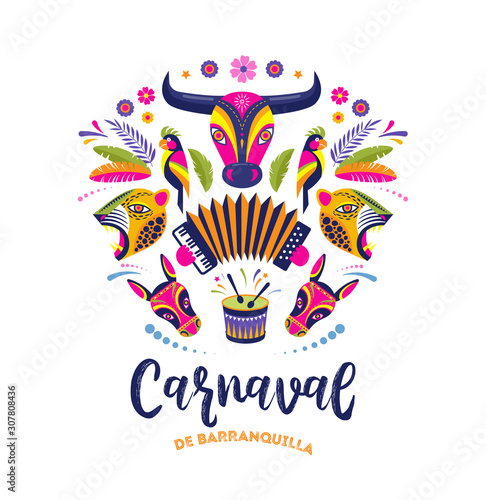 Carnaval de Barranquilla  Colombian carnival party. Vector illustration  poster and flyer