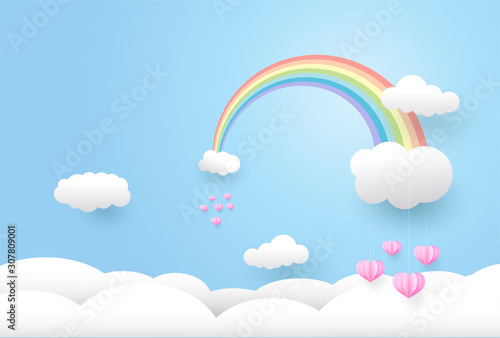 paper art style, rainbow and  pink heart in the sky,Vector illustration.