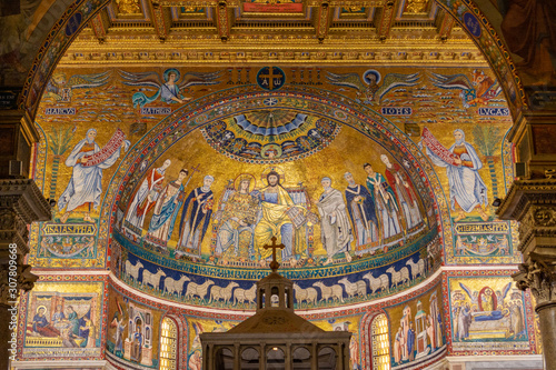 Ancient christian mosaics in the apse in the Basilica of Santa Maria in Trastevere, Rome, Italy