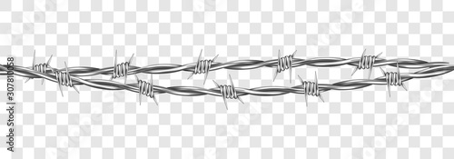 Metal steel barbed wire with thorns or spikes realistic vector illustration isolated on transparent background. Fencing or barrier element for danger industrial facilities or prisons