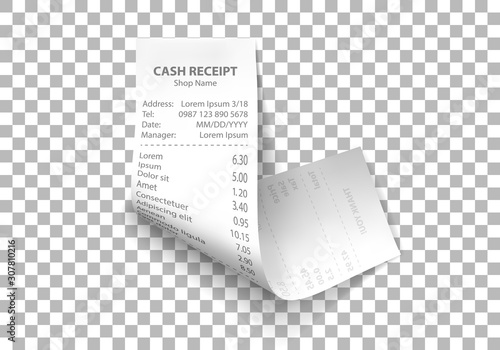 Shop receipt realistic isolated vector illustration. Direct and curled paper payment bill check with goods and their price
