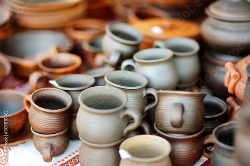 Ceramic dishes, tableware and jugs sold on Easter market in Vilnius, Lithuania