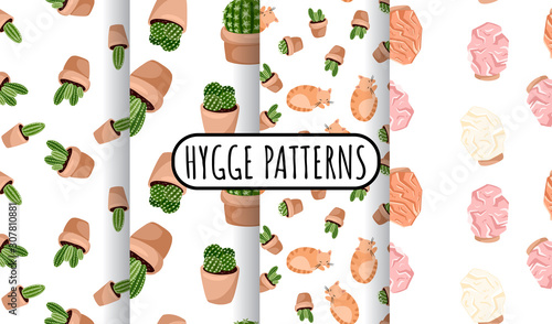 Hygge set of potted succulents plants and himalayan salt lamps seamless patterns. Cozy lagom scandinavian style texture background tiles