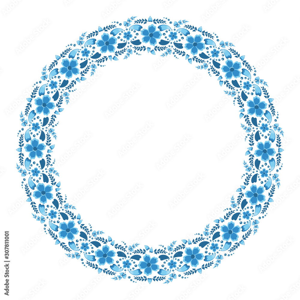 Circular floral ornament in blue and light blue tones on a white background Circular floral ornament in blue and light blue tones on a white background