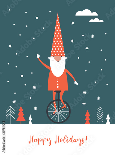 Christmas Gnome is going by unicycles, Christmas illustration, Greeting card, gift card, poster, postcard design