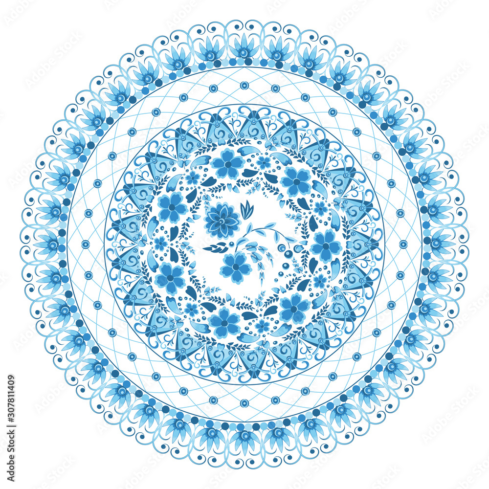 Circular openwork floral ornament in blue and light blue tones in gzhel style on a white background