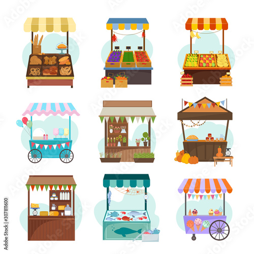 Valokuvatapetti Local markets with different food flat illustrations set
