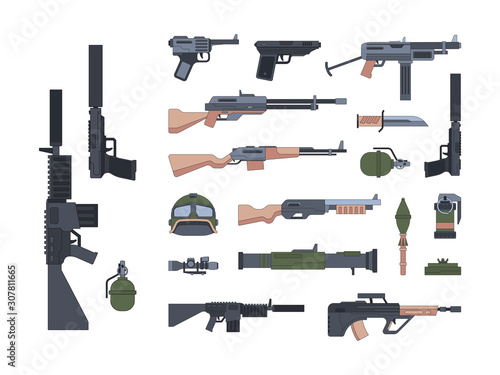 Military weapons and protection flat illustrations set