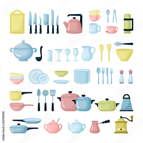 Kitchen dishes and glassware flat illustrations set