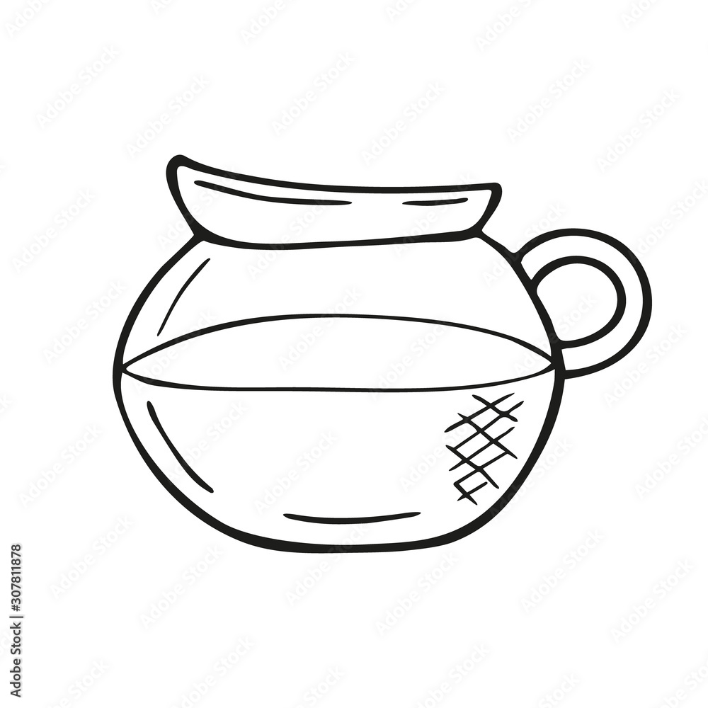Single hand drawn coffee pot or coffee jug. In doodle style, black outline isolated on a white background. Cute element for card, social media banner, stickers. Vector illustration Single hand drawn coffee pot or coffee jug. In doodle style, black outline isolated on a white background. Cute element for card, social media banner, stickers. Vector illustration
