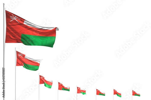 beautiful many Oman flags placed diagonal isolated on white with place for your content - any occasion flag 3d illustration..