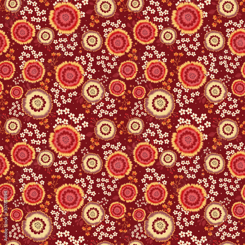 Seamless floral pattern. Different flowers on a rich red background. Oriental print in Chinese, Japanese style. Asian motives. Vector Illustration design for textiles, wallpaper, paper, paper, fashion