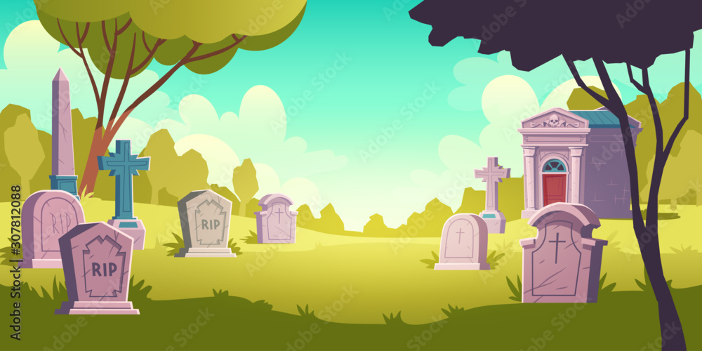 Cemetery day landscape, tombstone with RIP inscription, cartoon vector. Gravestones with cross, obelisk, ossuary or crypt in sunlight and green grass lawn, eternal peace illustration background