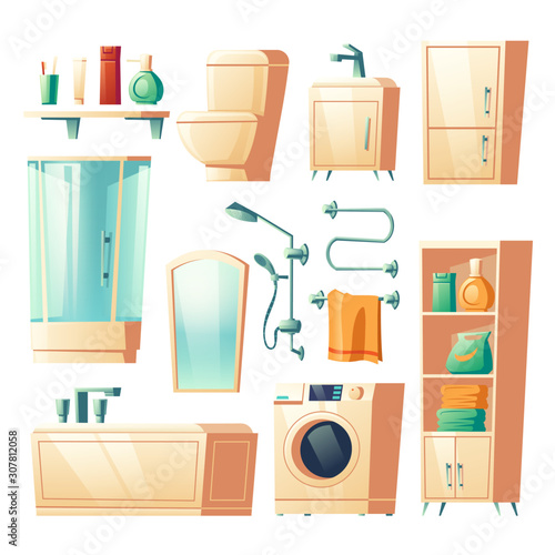Modern bathroom furniture cartoon vector set illustrations. Bathtub, shower, washer, sink and toilet, racks and shelf for accessories, heated towel rail, interior mirror, isolated on white background