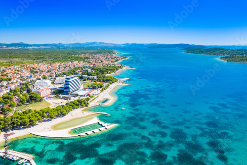 Quadro em tela Croatian Adriatic landscape, town of Vodice, amazing turquoise coastline, aerial