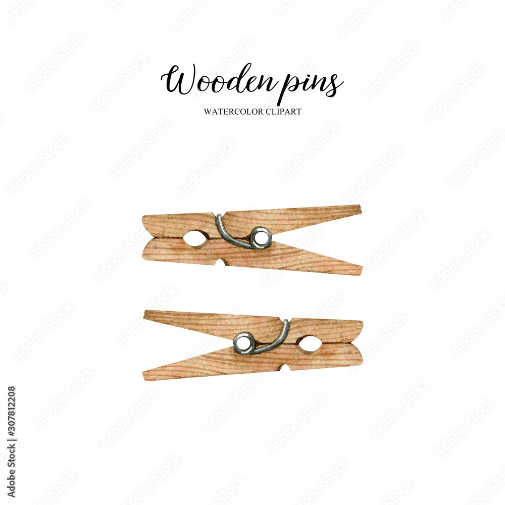 Two wooden pins isolated on white background. Watercolor handmade illustration. Kitchen and bathroom zero waste accessories, eco-friendly lifestyle, waste-free aesthetics. Two wooden pins isolated on white background. Watercolor handmade illustration. Kitchen and bathroom zero waste accessories, eco-friendly lifestyle, waste-free aesthetics.