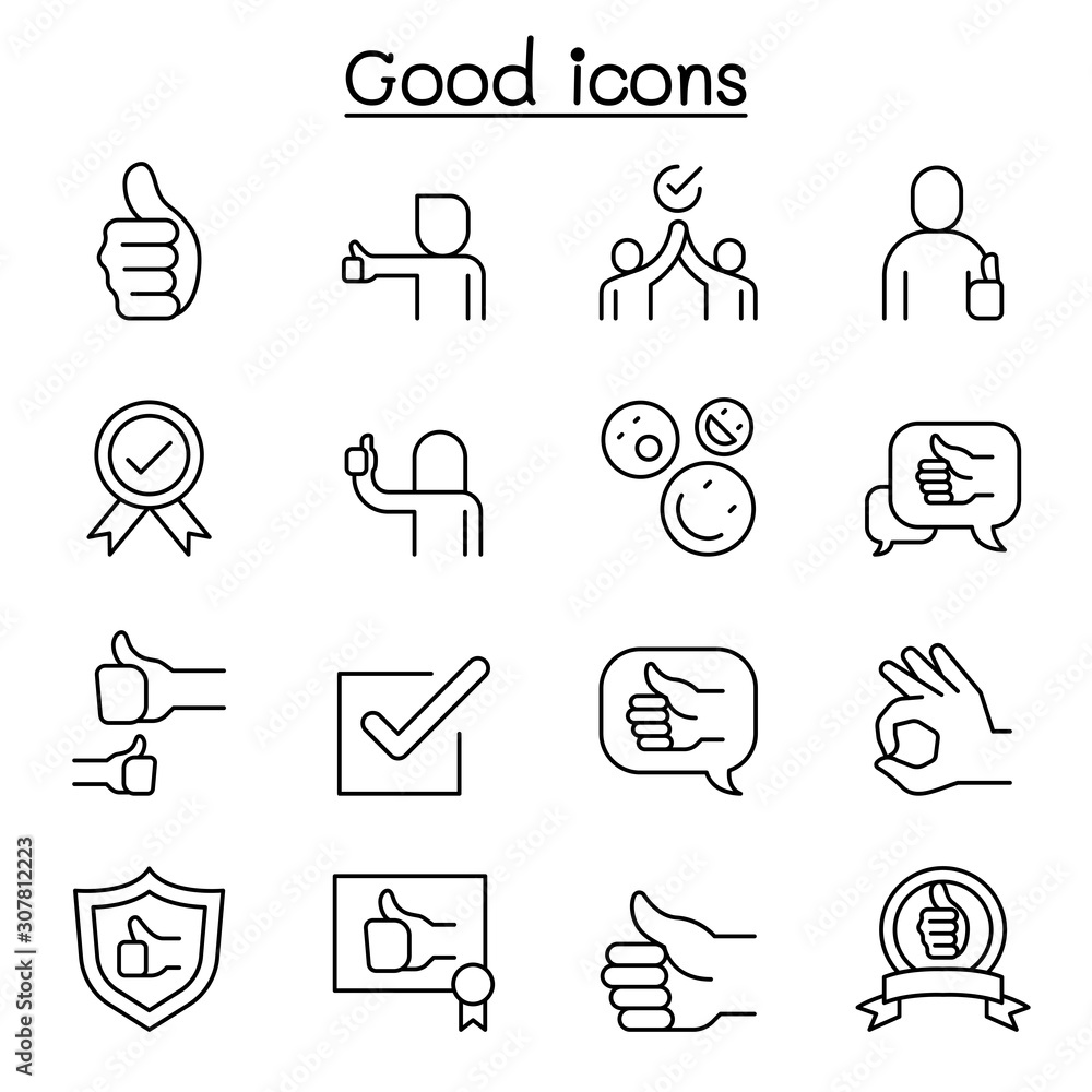 Good, approve, confirm, verify, quality icon set in thin line style Good, approve, confirm, verify, quality icon set in thin line style