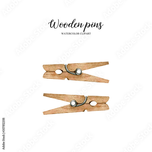 Two wooden pins isolated on white background. Watercolor handmade illustration. Kitchen and bathroom zero waste accessories, eco-friendly lifestyle, waste-free aesthetics.