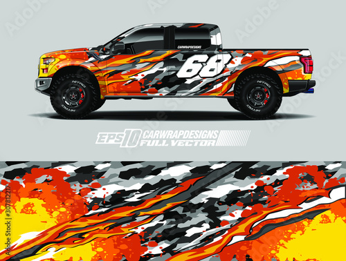 vehicle graphic livery design vector. Graphic abstract stripe racing background designs for wrap cargo van, race car, pickup truk, adventure vehicle.