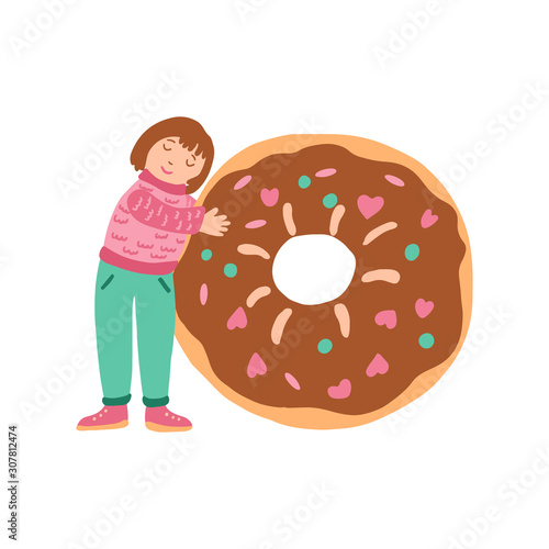 A cute little girl hugging a very tasty donut. Hand drawn vector illustration isolated on white background. Great for food poster design, bakery and pastry products