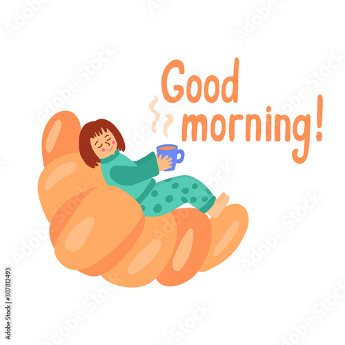 A nice little girl lying on a croissant drinks morning tea. Good morning lettering. Breakfast theme. Great for bakery posters design, cards, packages. Vector illustration isolated on white background.