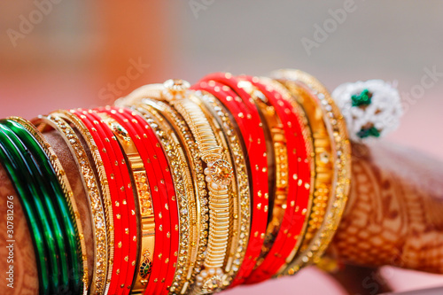 Traditional indian wedding ceremony, Bride wearing bangle and jewelry 