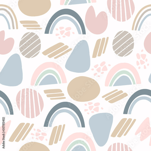 Vector seamless pattern in gentle pastel colors. abstract spots, geometric shapes, rainbow. minimalistic universal background. abstract doodles
