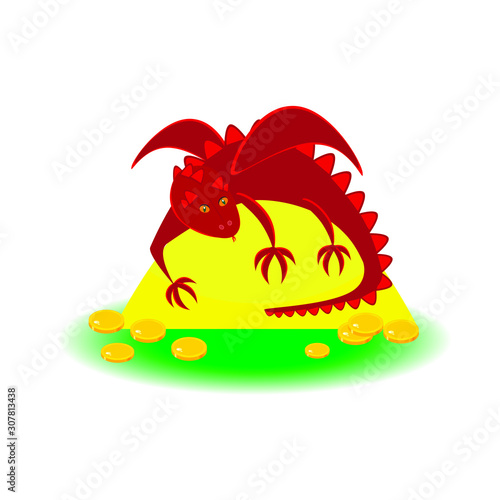 Fototapeta Naklejka Na Ścianę i Meble -  Dark red cartoon style dragon on a pile of gold, guarding its treasure.